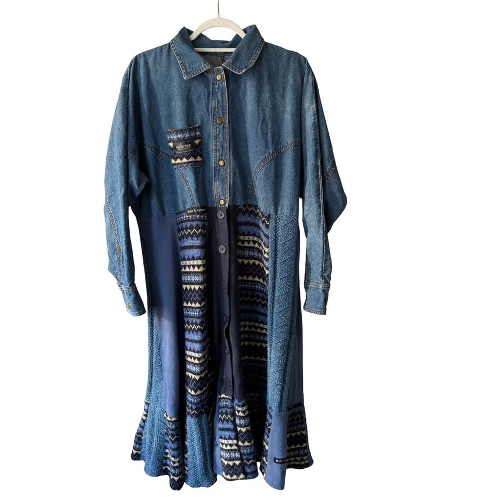 Handmade Upcycled Denim Patchwork Maxi Dress Size XL Artisan Eco-Friendly - Picture 2 of 16